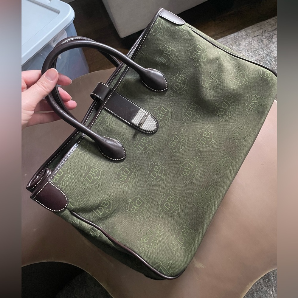 Stunning hunter green Dooney & Burke bag with dark brown leather accents